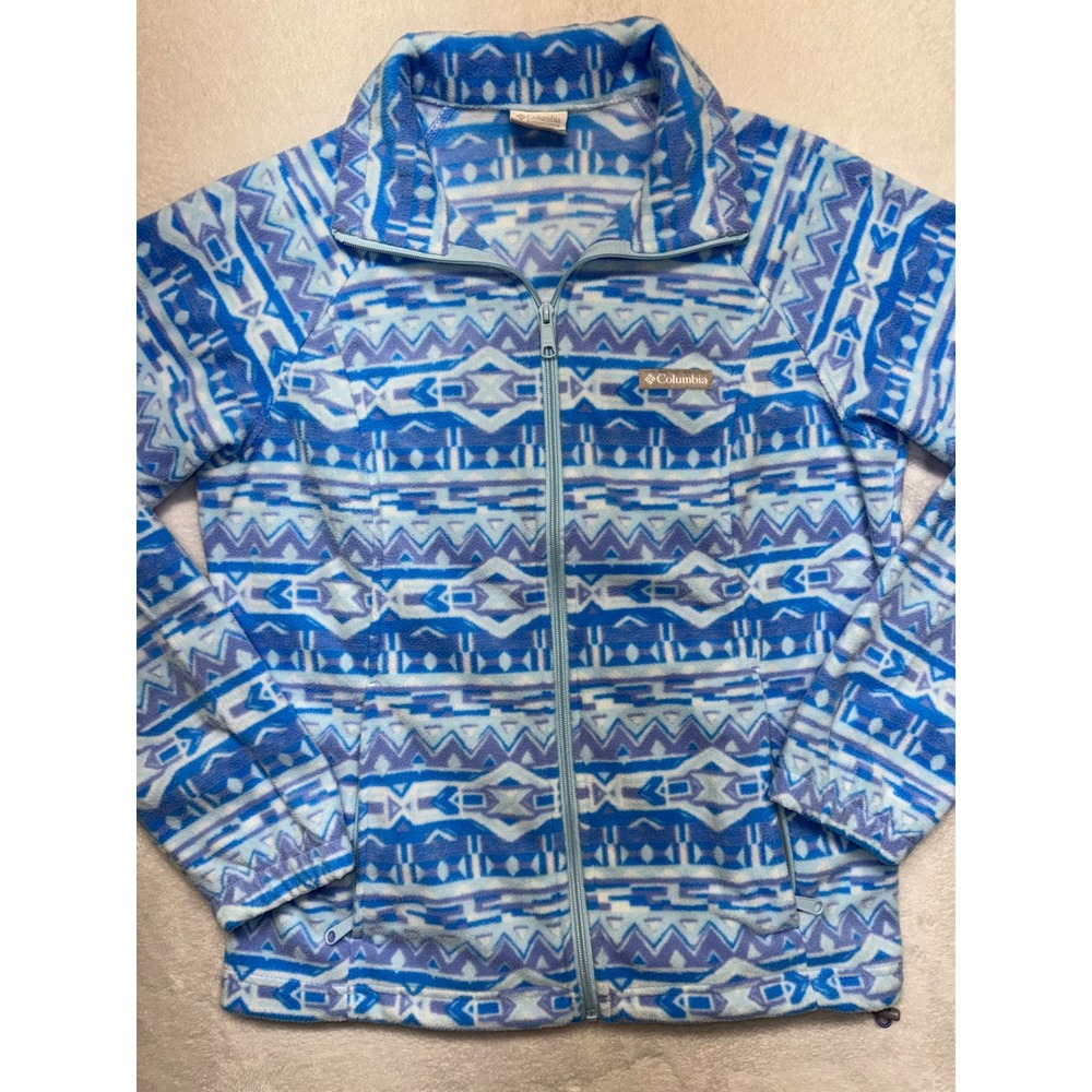 Columbia Womens Blue Geometric Tribal Full Zip Fleece Jacket Size L